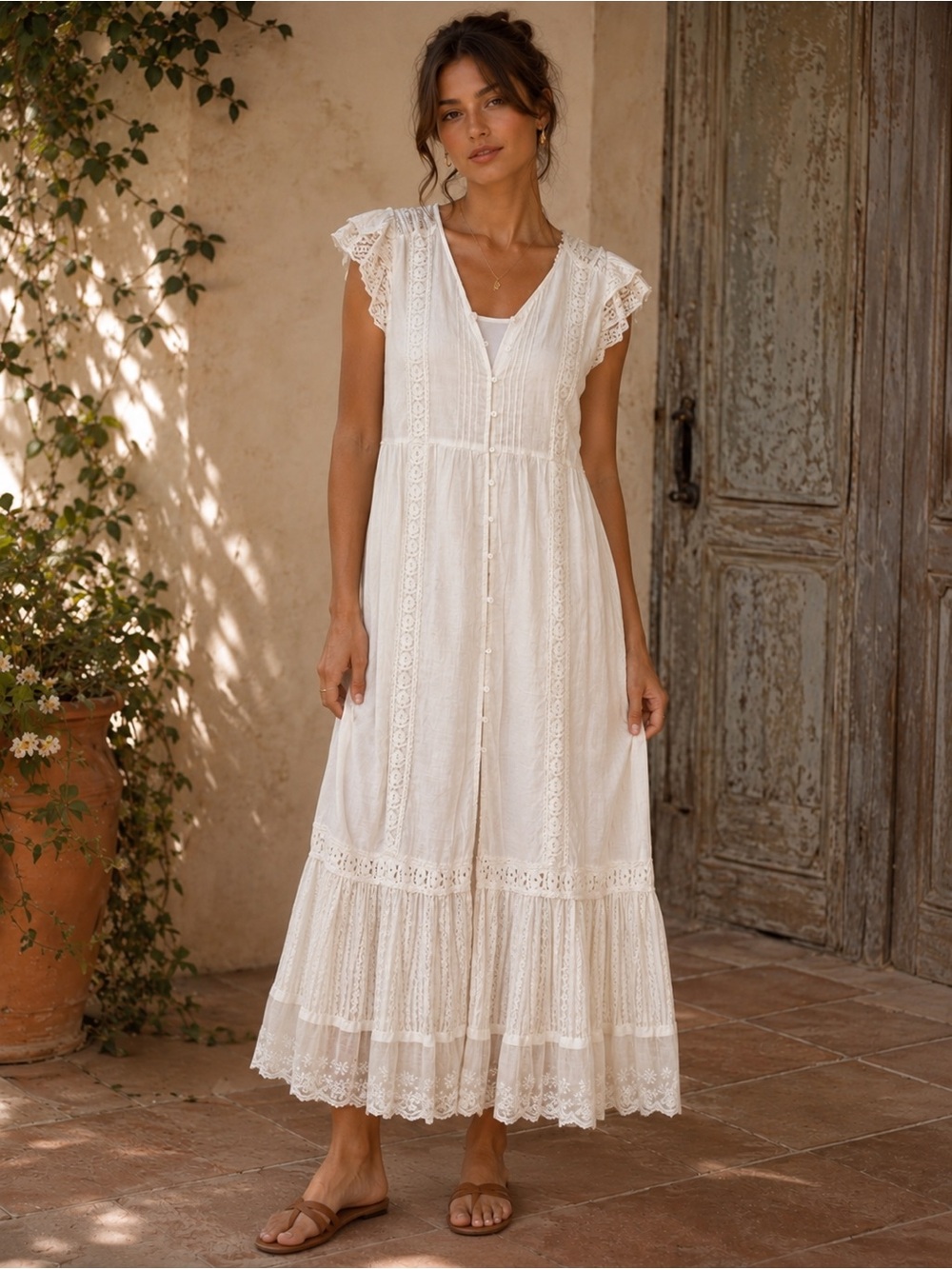 Hummingbird Cream Lace Maxi Dress with Button Front